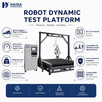 منصة اختبار ديناميكية لروبوتات المشي، آلة اختبار استقرار المشي، معدات منحدر قابل للتعديل 0-20 درجة، تحكم في السرعة 0-18 كم/ساعة